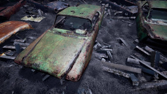 车转储被遗弃的汽车生锈的损坏的汽车很多摧毁了毁了被遗弃的汽车呈现