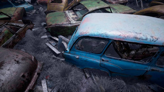 车转储被遗弃的汽车生锈的损坏的汽车很多摧毁了毁了被遗弃的汽车呈现