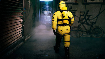 医生细菌保护西装返回首页男人。黄色的保护西装气体面具呈现
