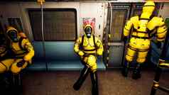 人保护西装骑通勤火车流感大流行概念末日后世界全球疫情呈现
