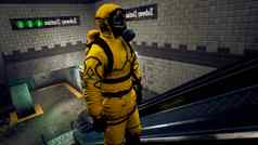 幸存者化学保护服装爬自动扶梯废弃的地铁概念末日后世界全球流感大流行呈现
