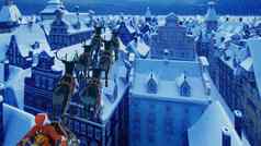 圣诞老人老人苍蝇圣诞节雪橇小古老的雪晚上小镇概念圣诞节呈现