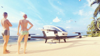 无人驾驶的乘客空气出租车海滩热带岛概念未来无人驾驶出租车呈现