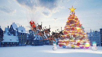 圣诞节树色彩斑斓的色彩斑斓的球圣诞老人老人雪橇圣诞节驯鹿雪人圣诞节一年装饰礼物呈现