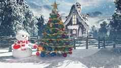 圣诞节雪人雪被施了魔法森林姜饼男人。仙女房子圣诞节一年呈现