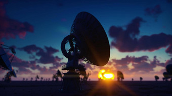 大数组广播望远镜延时摄影广播望远镜沙漠日出蓝色的天空呈现