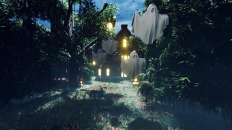 被遗弃的恐怖房子森林晚上鬼魂神秘的雾发光的南瓜庆祝活动万圣节概念万圣节恐怖呈现