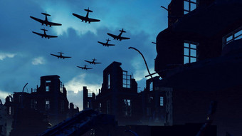 武装军事飞机苍蝇废墟毁了废弃的城市呈现