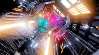 巡逻军事无人机苍蝇走廊宇宙飞船科幻未来主义的空间隧道背景标题呈现