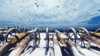 中世纪的大炮冬天场雪多云的一天战斗下降雪飘大炮准备好了战斗呈现