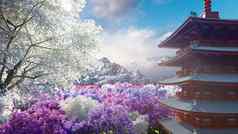 樱花花朵春天背景山日本寺庙字段花旅行冒险令人惊异的春天景观呈现