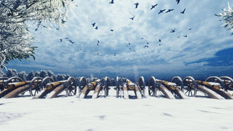 中世纪的大炮冬天场雪多云的一天战斗下降雪飘大炮准备好了战斗呈现