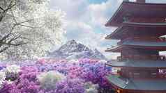 樱花花朵春天背景山日本寺庙字段花旅行冒险令人惊异的春天景观呈现