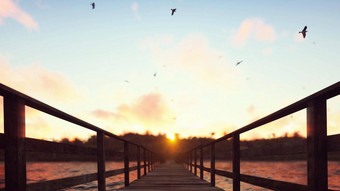 相机苍蝇木桥热带岛异国情调的白色海滩日落呈现