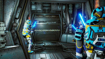 宇航员激光剑藏伏击外星人机器人入侵者宇宙飞船超级现实的科幻概念呈现