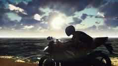 男人。摩托车海滩海洋天空日出生活方式概念美丽的夏天背景呈现