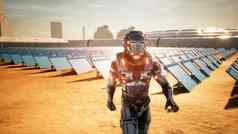 宇航员火星人返回基地检查太阳能面板超级现实的概念呈现