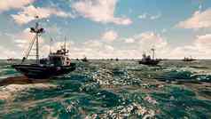 视图美丽的蓝色的平静海商业钓鱼船呈现