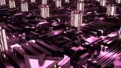 控制论未来主义的霓虹灯城市摩天大楼技术风格呈现