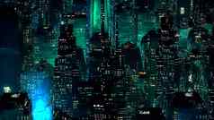 绿色霓虹灯城市摩天大楼现代技术概念