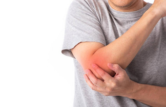 痛疼痛肘扭伤关节<strong>炎症</strong>状中间年龄男人。触碰伤害手臂