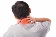 痛疼痛脖子扭伤关节炎症状中间年龄男人。持有伤害脖子