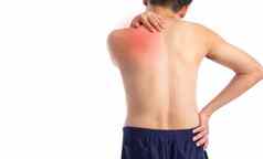 痛疼痛肩膀扭伤关节炎症状中间年龄男人。持有伤害肩膀