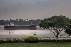 货物船停中间河前面绿色树潮phraya河