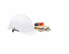 头盔塑料白色手套皮革测量磁带安全设备建设工程木地板上孤立的黑色的背景剪裁路径