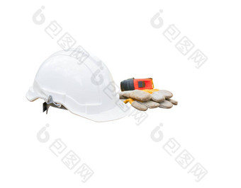 头盔塑料白色手套皮革测量磁带安全设备建设工程木地板上孤立的黑色的背景剪裁路径