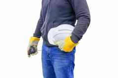 手工程工人穿手套持有白色安全头盔塑料设备防止危险工程师建设孤立的白色背景