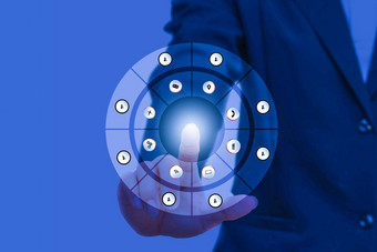 商人紧迫的现代社会按钮社会网络接口手指手触摸技术图标蓝色的背景复制空间添加文本