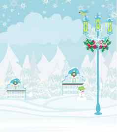 冬天城市景观插图鸟房子雪