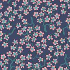 无缝的模式开花日本樱桃樱花分支机构粉红色的花灰色的背景