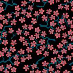 无缝的模式开花日本樱桃樱花分支机构粉红色的花黑色的背景