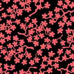 无缝的模式开花日本樱桃樱花分支机构珊瑚花黑色的背景