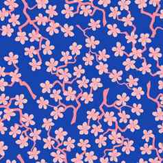 无缝的模式开花日本樱桃樱花分支机构粉红色的花Azure背景