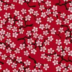 无缝的模式开花日本樱桃樱花分支机构粉红色的花红色的背景