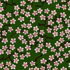 无缝的模式开花日本樱桃樱花分支机构粉红色的花绿色背景