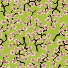 无缝的模式开花日本樱桃樱花分支机构粉红色的花芥末背景