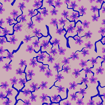 无缝的模式开花日本樱桃樱花分支机构<strong>粉</strong>红色的花<strong>紫色背景</strong>