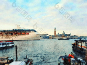 巨大的旅游船进入伟大的运河威尼斯
