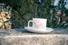 咖啡杯早....阳光夏天新鲜的很酷的白色咖啡杯飞碟热喝屋顶梁住宅建筑散景背景