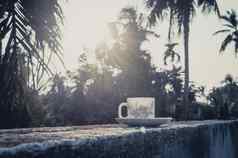 咖啡杯日落阳光夏天新鲜的很酷的白色咖啡杯飞碟热喝屋顶梁住宅建筑散景城市背景
