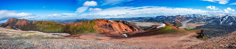 全景令人惊异的冰岛景观色彩斑斓的彩虹火山兰德曼纳劳卡山火山陨石坑著名的洛加徒步旅行小道罕见的蓝色的天空红色的火山土壤冰岛