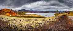 全景景观视图色彩斑斓的彩虹火山兰德曼纳劳卡山火山熔岩字段火山口水流泻湖蓝色的天空云冰岛夏天