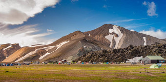 全景超现实主义的魔法冰岛景观色彩斑斓的彩虹火山兰德曼纳劳卡山最大的野营网站游客徒步旅行者冰岛夏天