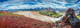 全景景观视图色彩斑斓的彩虹火山兰德曼纳劳卡山火山熔岩字段火山口<strong>水流</strong>泻湖蓝色的天空云冰岛<strong>夏天</strong>