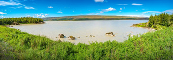 全景视图巨大的lagarfjot湖冰岛阳光明媚的一天蓝色的天空夏天