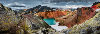 全景视图色彩斑斓的<strong>流纹</strong>岩火山山兰德曼纳劳卡纯荒野冰岛隐藏的高地湖冰岛